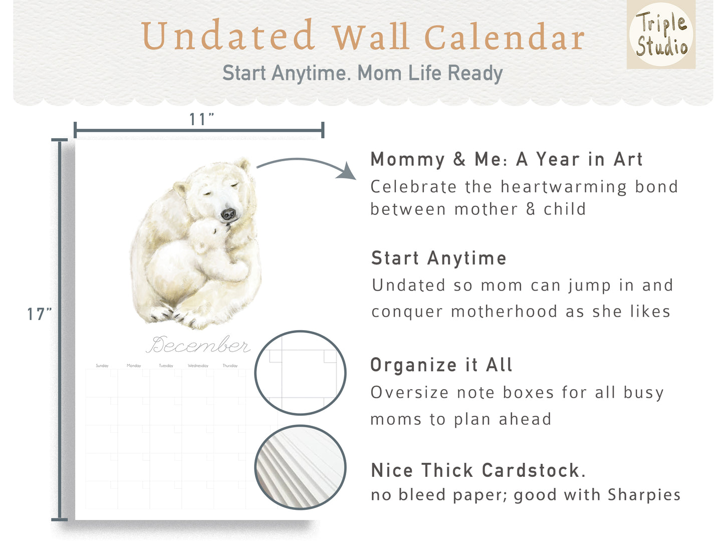 UNDATED Extra Large Wall Calendar with Magnetic Wood Poster Hanger