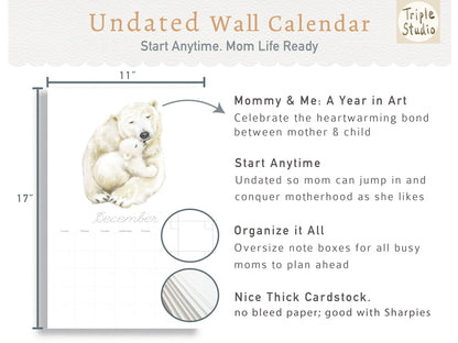 UNDATED Extra Large Wall Calendar with Magnetic Wood Poster Hanger