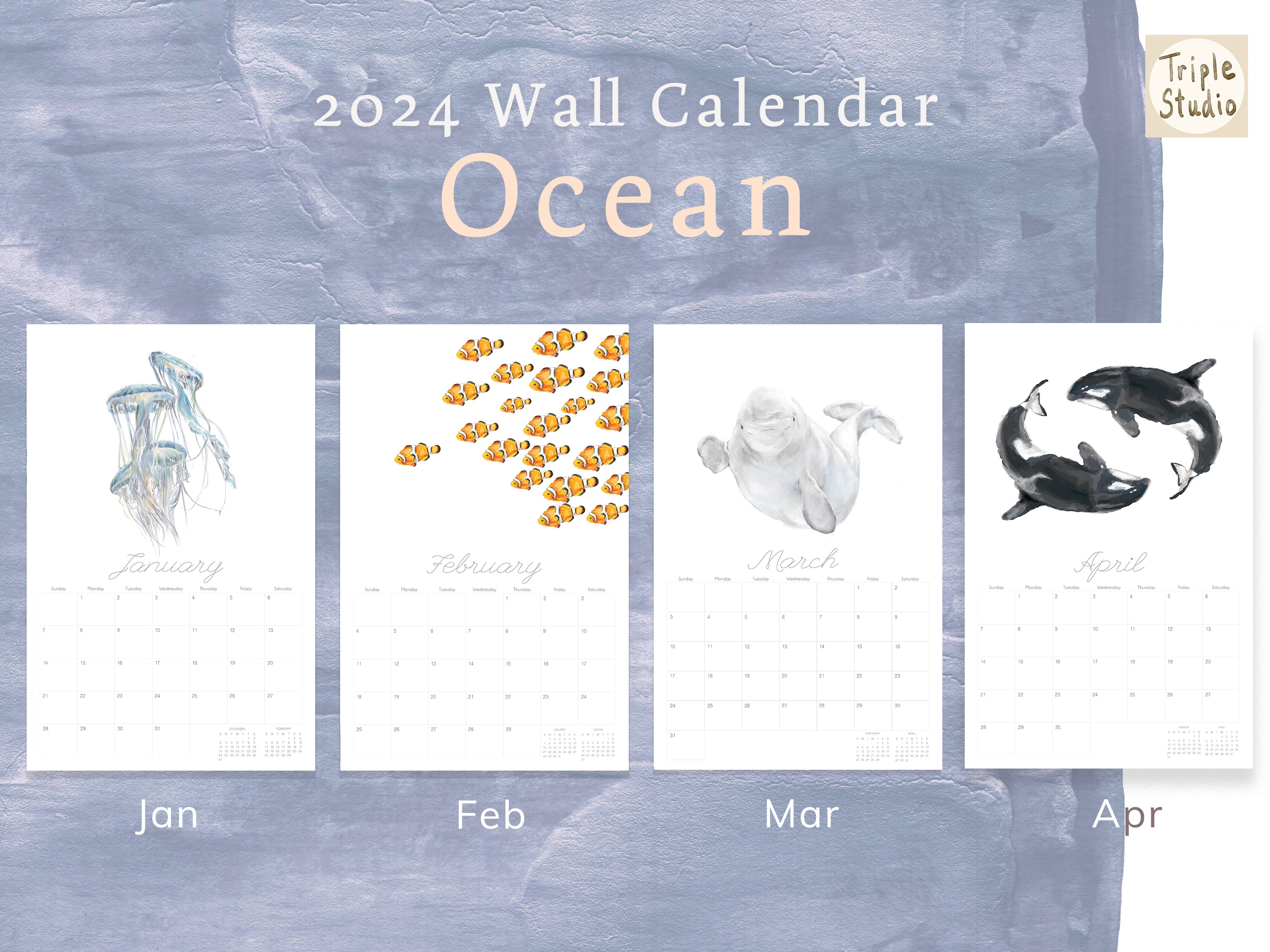DATELESS Extra Large Wall Calendar with Magnetic Poster Hanger - OCEAN