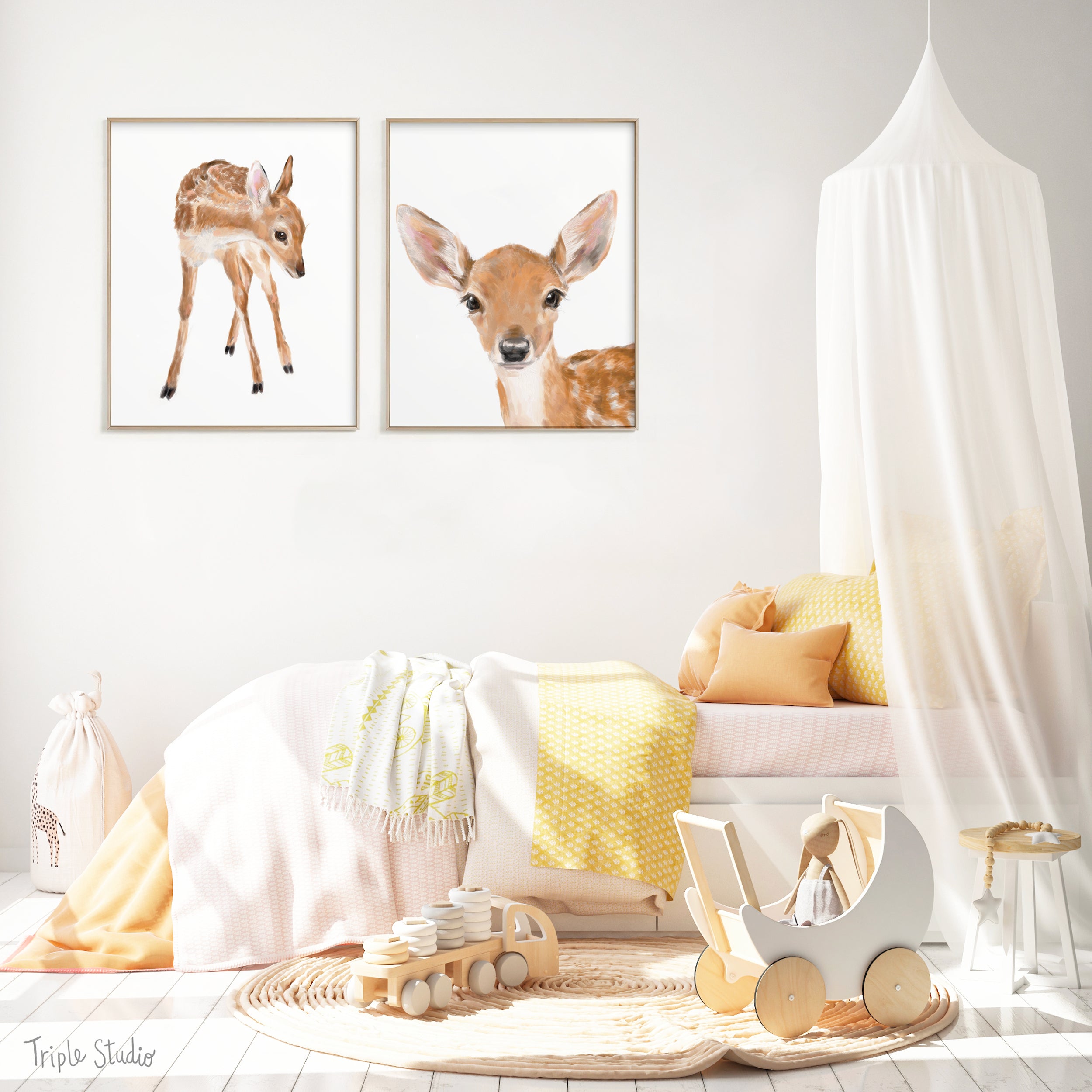 Baby Fawn Wall Art, Bambi Nursery Girl Room Decor, Cute Woodland Animals, Boho Minimalist, Neutral Forest Painting for Bedroom