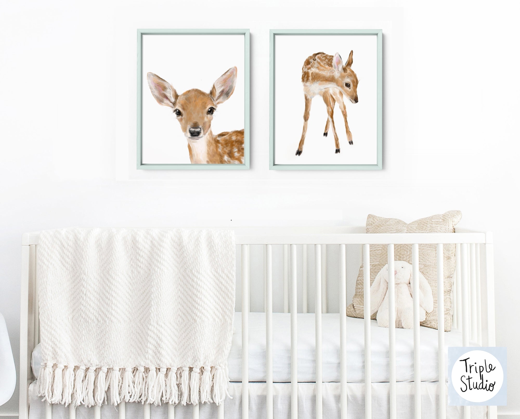Baby Fawn Wall Art, Bambi Nursery Girl Room Decor, Cute Woodland Animals, Boho Minimalist, Neutral Forest Painting for Bedroom