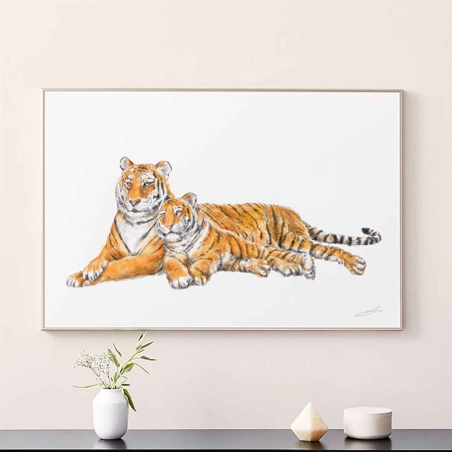 Personalized Baby Boy Gift - Tiger Mom and Baby Art Print, Sweet Boho Jungle Theme Nursery Art, for New Mom, Gender Neutral Room Decor