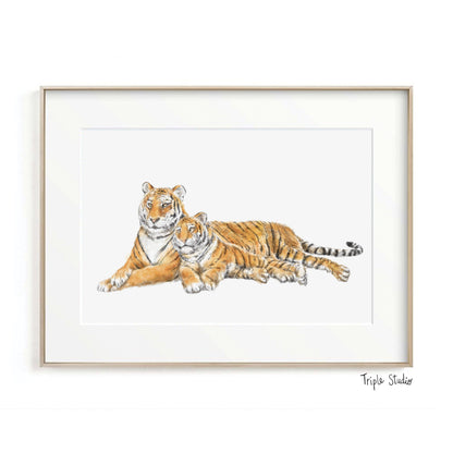 Personalized Baby Boy Gift - Tiger Mom and Baby Art Print, Sweet Boho Jungle Theme Nursery Art, for New Mom, Gender Neutral Room Decor