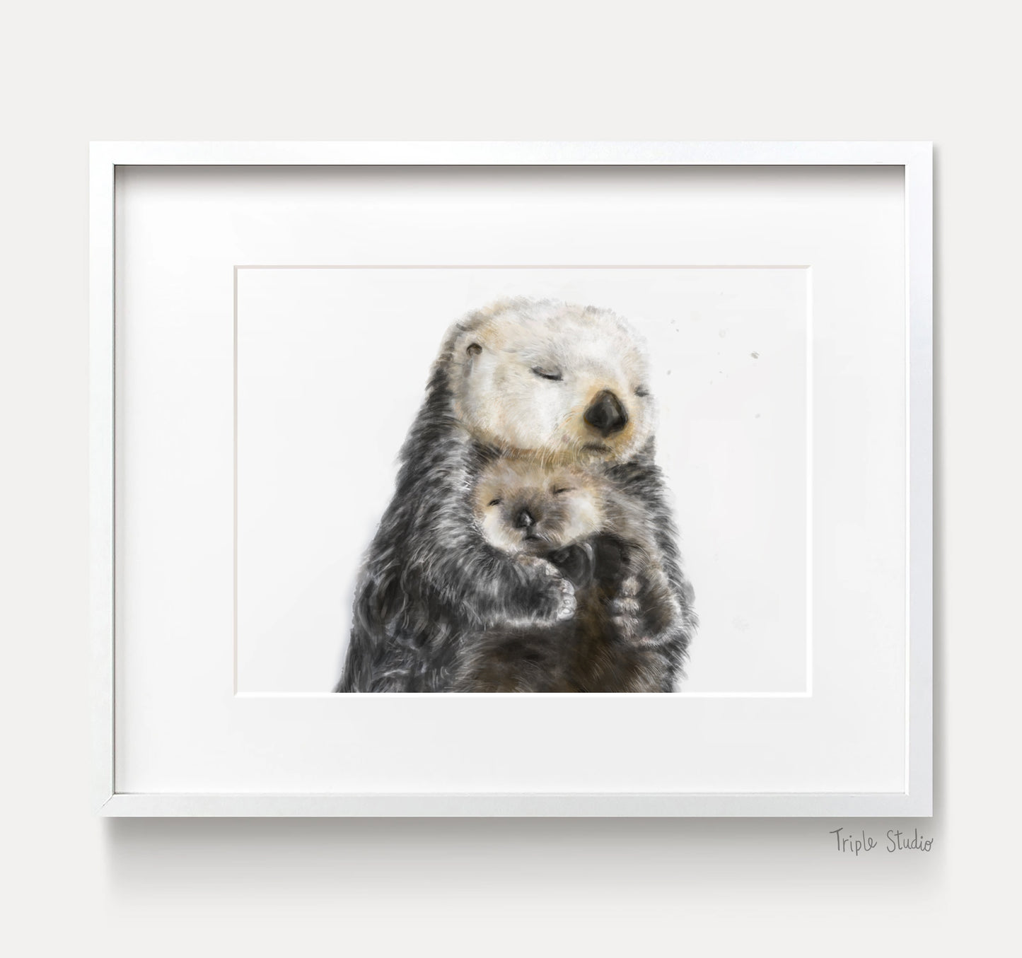 Baby Sea Otter and Mom Wall Art Print
