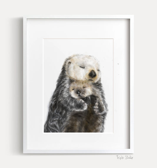 Baby Sea Otter and Mom Wall Art Print