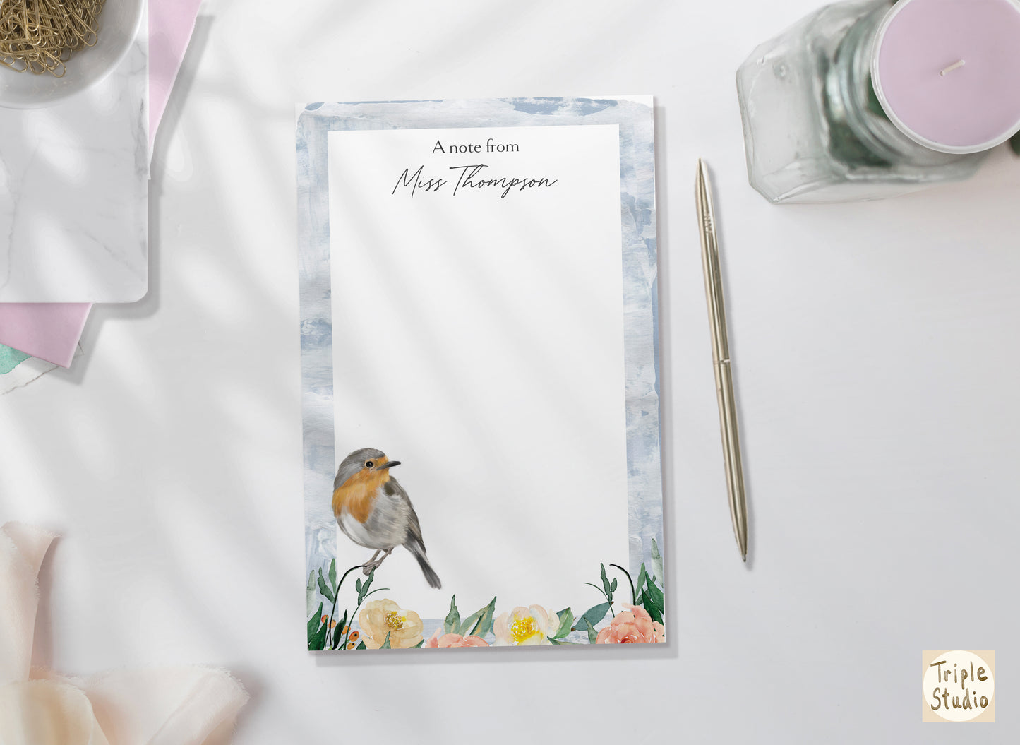 Personalized Notepad | Robin Bird in Spring Garden